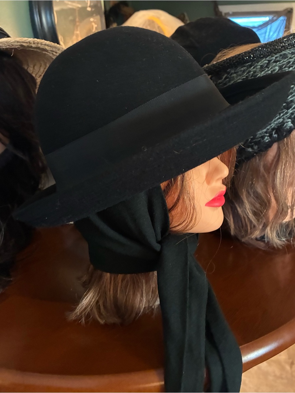 Women's Black Wide-Brim Wool Hat with attached scarf by Betmar-stunning!